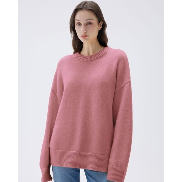 Women Cashmere Blend Oversized Crew Neck Pink Rose Soft Warm Pullover Sweater - Picture 2 of 5